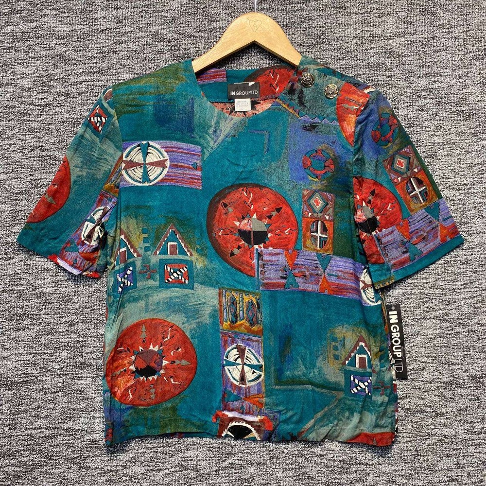 In Group Ltd Blouse Womens 10 Teal Southwest‎ Aztec Graphic Indie Sleaze 90s NWT